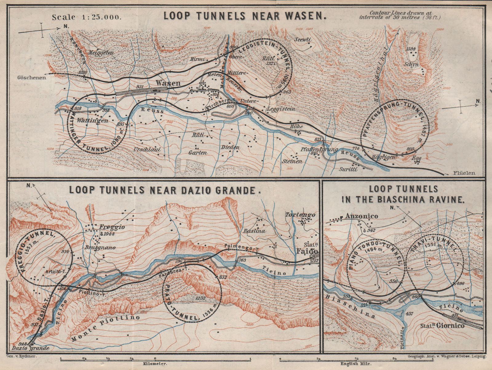 ST GOTTHARD RAILWAY SPIRAL/LOOP TUNNELS Wassen Freggio Prato Biaschina 1897 map